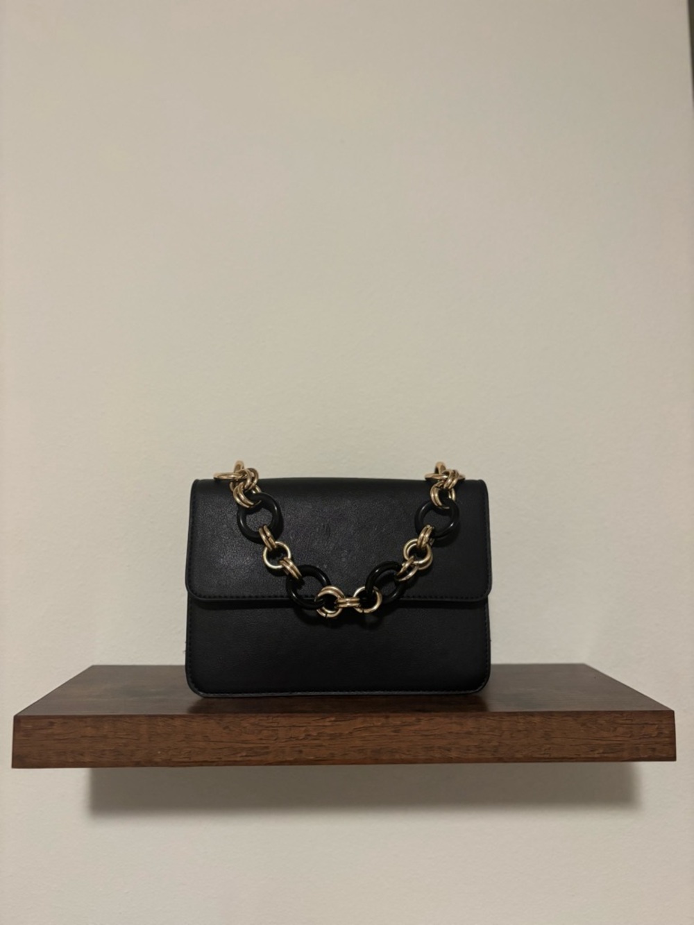 Black Chain-Accent Leather Shoulder Bag
